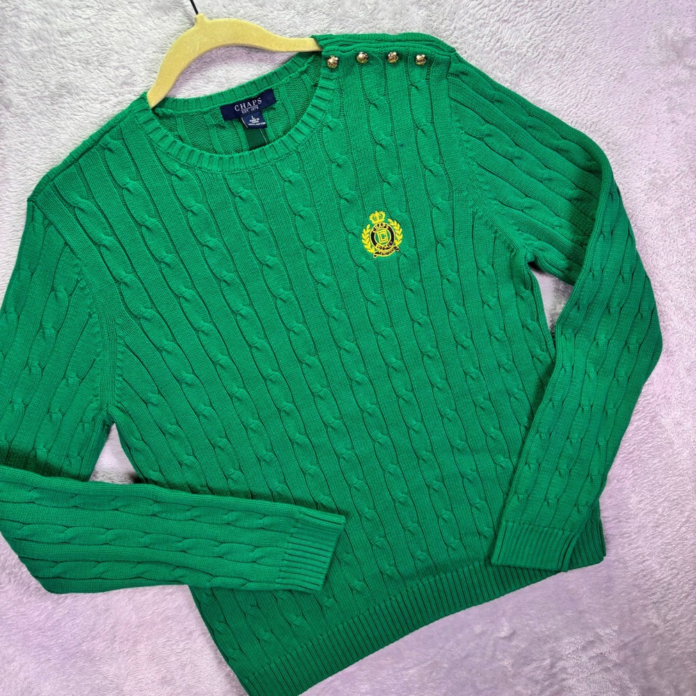 NWT Chaps Womens Sweater Sz L Green Cable Knit Crest Gold Button Shoulder Cotton